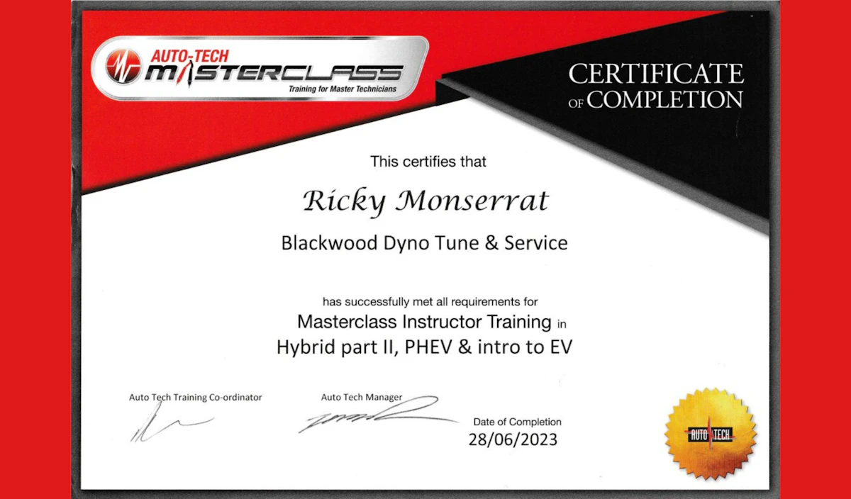Certificate of Completion for Hybrid and EV car Servicing for owner Ricky at Blackwood Dyno tune & Service.